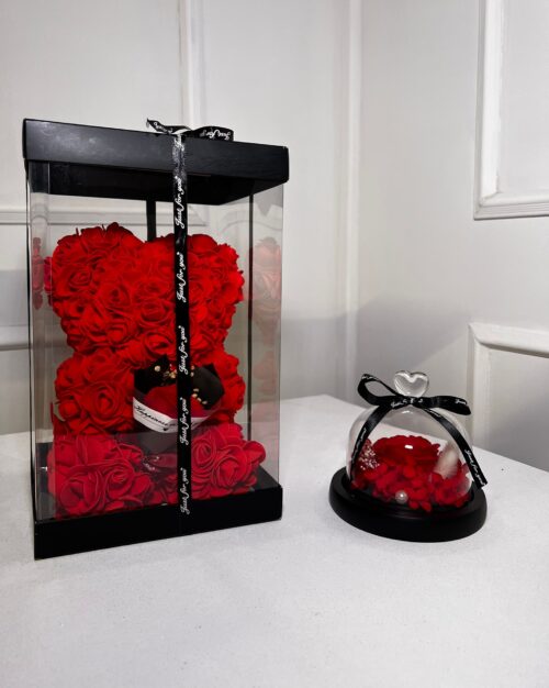 Pack Romance - Ours en fleurs rouge + Cloche Romance