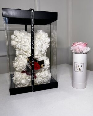 Pack Love Blanc - Ours en fleurs blanc + Rose Love Rose