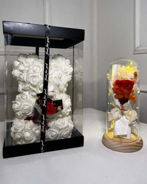 Pack Duo Eternel Blanc - Ours en fleurs blanc + Cloche élégance
